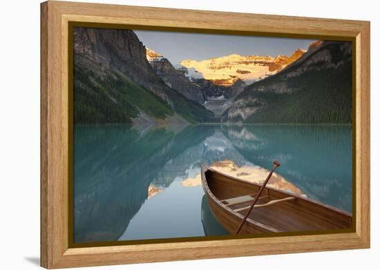 Canoe on Lake Louise at Sunrise-Miles Ertman-Framed Premier Image Canvas