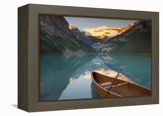 Canoe on Lake Louise at Sunrise-Miles Ertman-Framed Premier Image Canvas