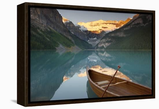 Canoe on Lake Louise at Sunrise-Miles Ertman-Framed Premier Image Canvas