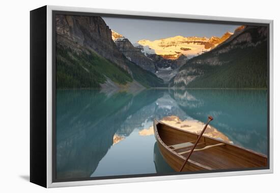 Canoe on Lake Louise at Sunrise-Miles Ertman-Framed Premier Image Canvas