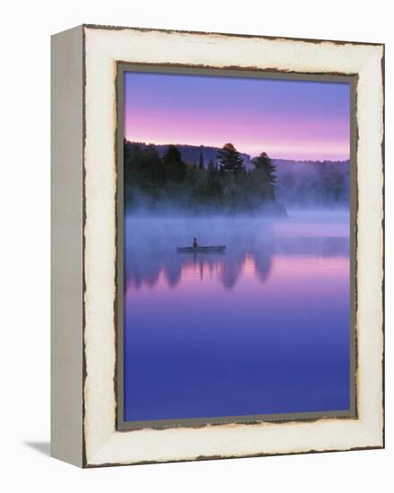 Canoeist on Lake at Sunrise, Algonquin Provincial Park, Ontario, Canada-Nancy Rotenberg-Framed Premier Image Canvas