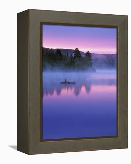 Canoeist on Lake at Sunrise, Algonquin Provincial Park, Ontario, Canada-Nancy Rotenberg-Framed Premier Image Canvas