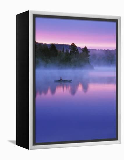 Canoeist on Lake at Sunrise, Algonquin Provincial Park, Ontario, Canada-Nancy Rotenberg-Framed Premier Image Canvas