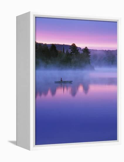 Canoeist on Lake at Sunrise, Algonquin Provincial Park, Ontario, Canada-Nancy Rotenberg-Framed Premier Image Canvas