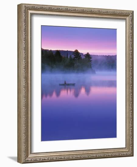 Canoeist on Lake at Sunrise, Algonquin Provincial Park, Ontario, Canada-Nancy Rotenberg-Framed Photographic Print