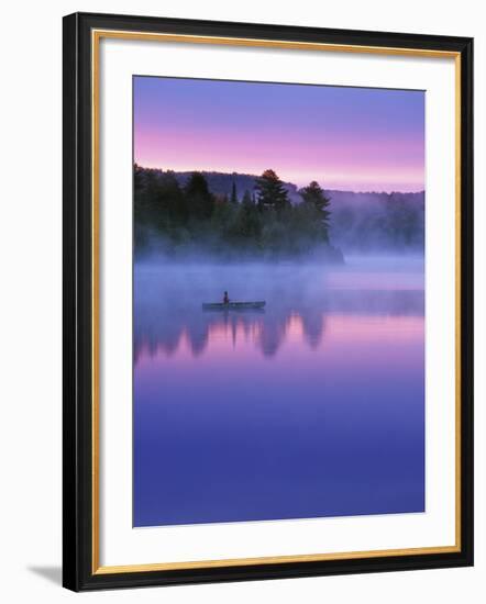 Canoeist on Lake at Sunrise, Algonquin Provincial Park, Ontario, Canada-Nancy Rotenberg-Framed Photographic Print