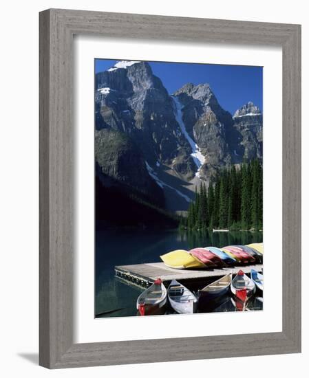 Canoes for Hire on Shore of Moraine Lake, Alberta, Canada-Ruth Tomlinson-Framed Photographic Print