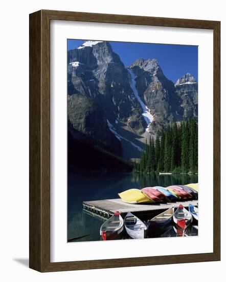 Canoes for Hire on Shore of Moraine Lake, Alberta, Canada-Ruth Tomlinson-Framed Photographic Print