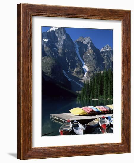 Canoes for Hire on Shore of Moraine Lake, Alberta, Canada-Ruth Tomlinson-Framed Photographic Print