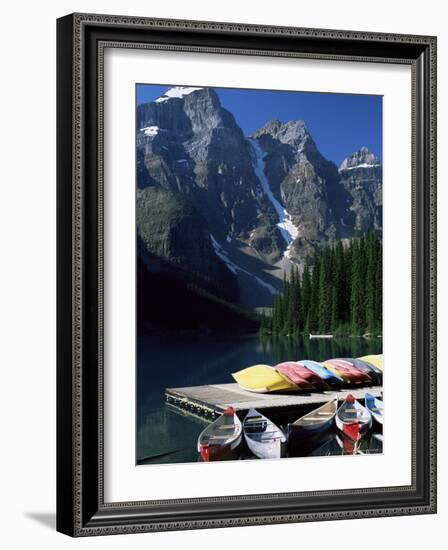 Canoes for Hire on Shore of Moraine Lake, Alberta, Canada-Ruth Tomlinson-Framed Photographic Print