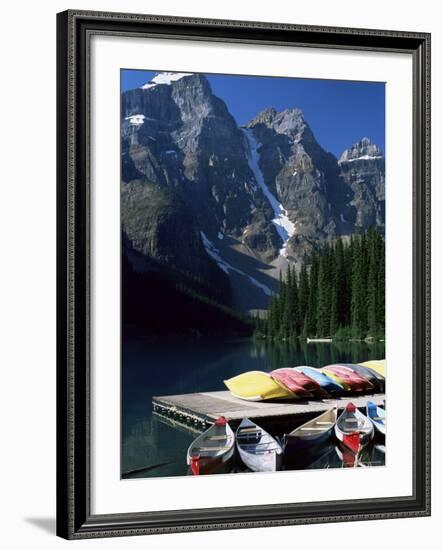 Canoes for Hire on Shore of Moraine Lake, Alberta, Canada-Ruth Tomlinson-Framed Photographic Print