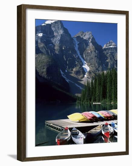 Canoes for Hire on Shore of Moraine Lake, Alberta, Canada-Ruth Tomlinson-Framed Photographic Print