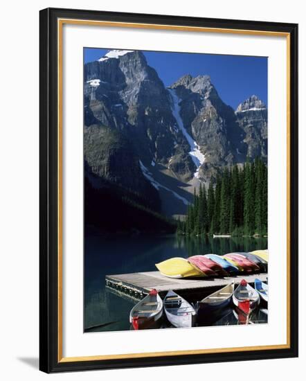 Canoes for Hire on Shore of Moraine Lake, Alberta, Canada-Ruth Tomlinson-Framed Photographic Print