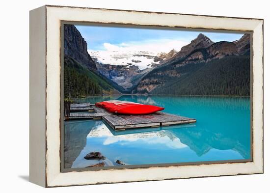 Canoes of Lake Louise, Alberta, Canada-George Oze-Framed Premier Image Canvas