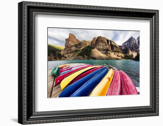 Canoes on a Dock, Alberta, Canada-George Oze-Framed Photographic Print