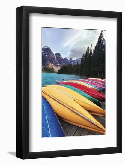 Canoes on a Dock, Moraine Lake, Banff National Park, Canada-George Oze-Framed Photographic Print