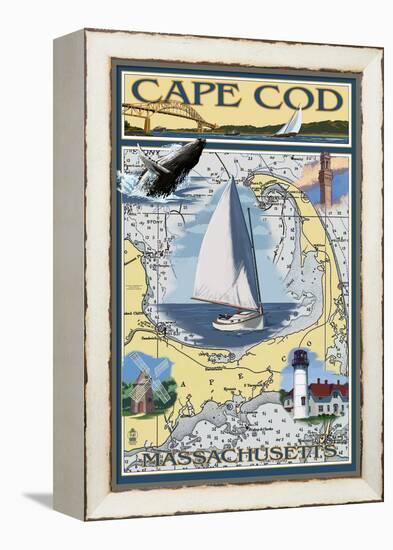 Cape Cod, Massachusetts Chart & Views-Lantern Press-Framed Stretched Canvas