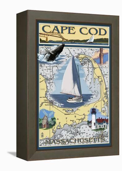 Cape Cod, Massachusetts Chart & Views-Lantern Press-Framed Stretched Canvas