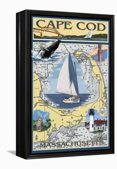 Cape Cod, Massachusetts Chart & Views-Lantern Press-Framed Stretched Canvas