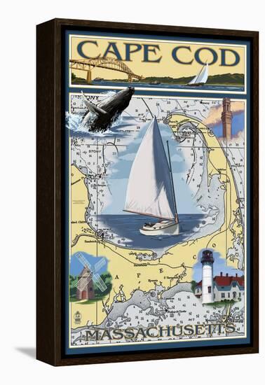 Cape Cod, Massachusetts Chart & Views-Lantern Press-Framed Stretched Canvas