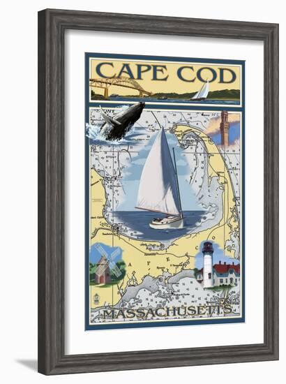 Cape Cod, Massachusetts Chart & Views-Lantern Press-Framed Art Print