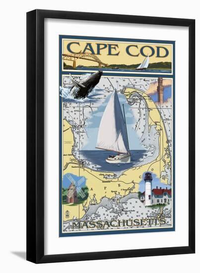 Cape Cod, Massachusetts Chart & Views-Lantern Press-Framed Art Print