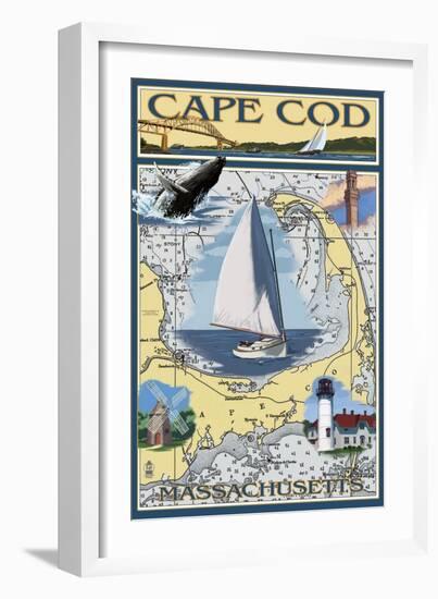 Cape Cod, Massachusetts Chart & Views-Lantern Press-Framed Art Print