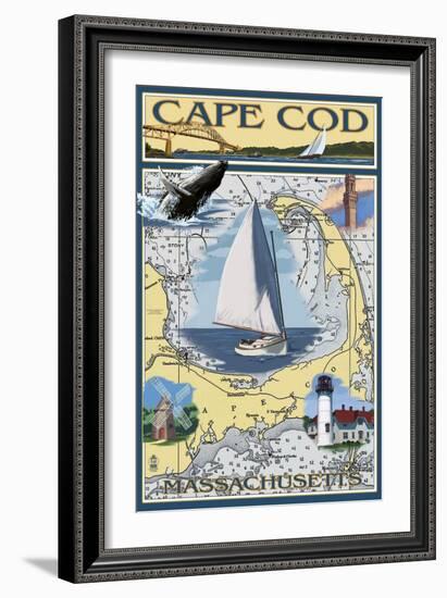 Cape Cod, Massachusetts Chart & Views-Lantern Press-Framed Art Print