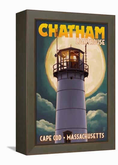 Cape Cod, Massachusetts - Chatham Light and Full Moon-Lantern Press-Framed Stretched Canvas