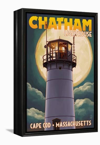 Cape Cod, Massachusetts - Chatham Light and Full Moon-Lantern Press-Framed Stretched Canvas