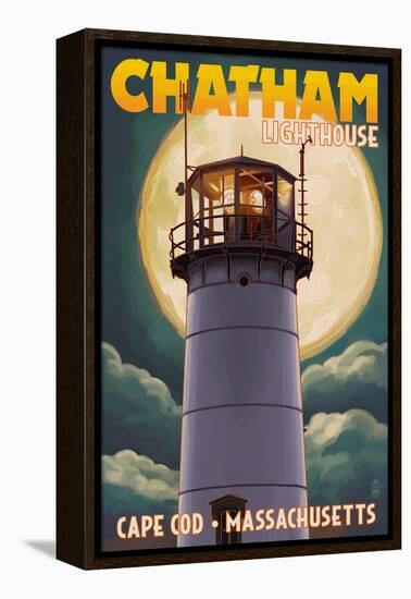 Cape Cod, Massachusetts - Chatham Light and Full Moon-Lantern Press-Framed Stretched Canvas