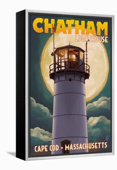 Cape Cod, Massachusetts - Chatham Light and Full Moon-Lantern Press-Framed Stretched Canvas