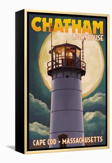 Cape Cod, Massachusetts - Chatham Light and Full Moon-Lantern Press-Framed Stretched Canvas