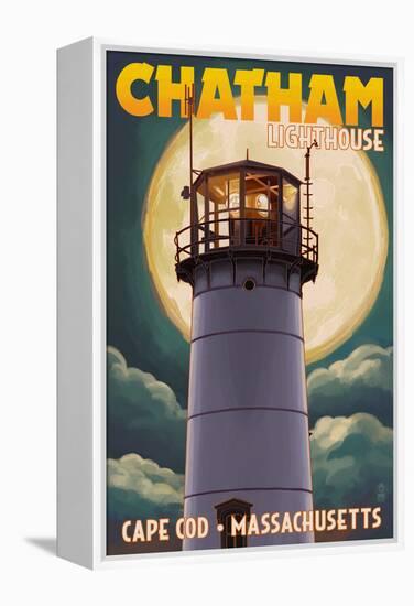 Cape Cod, Massachusetts - Chatham Light and Full Moon-Lantern Press-Framed Stretched Canvas
