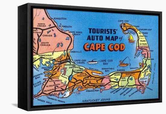 Cape Cod, Massachusetts - Detailed Auto Map of Cape Cod-Lantern Press-Framed Stretched Canvas