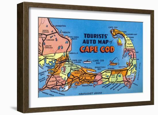 Cape Cod, Massachusetts - Detailed Auto Map of Cape Cod-Lantern Press-Framed Art Print