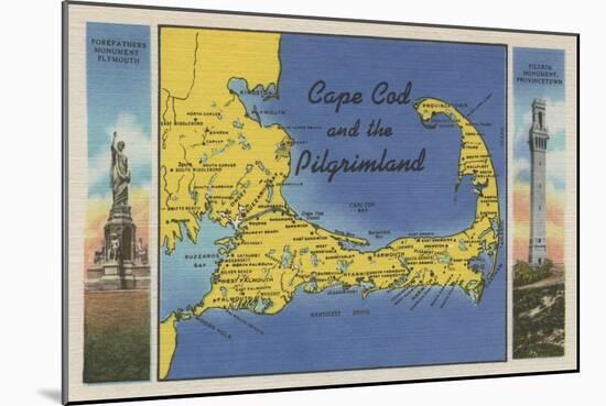 Cape Cod, Massachusetts - Detailed Map of the Pilgrimland-Lantern Press-Mounted Art Print