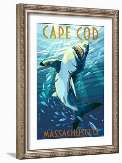 Cape Cod, Massachusetts - Great White Shark-Lantern Press-Framed Premium Giclee Print