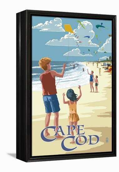 Cape Cod, Massachusetts - Kite Flyers-Lantern Press-Framed Stretched Canvas