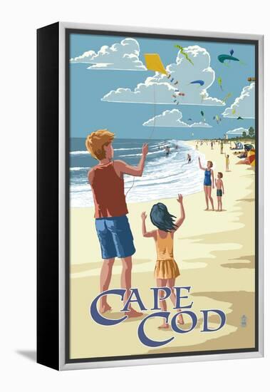 Cape Cod, Massachusetts - Kite Flyers-Lantern Press-Framed Stretched Canvas