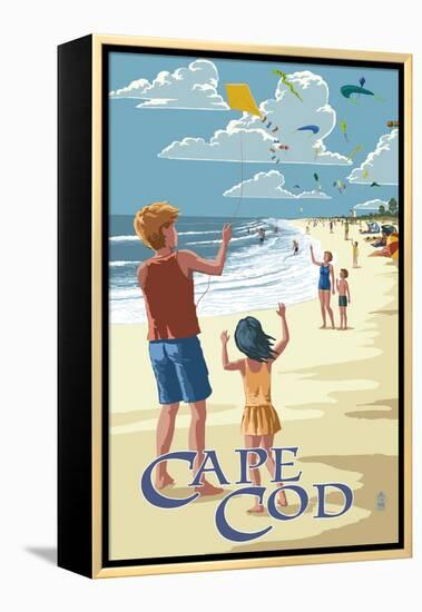 Cape Cod, Massachusetts - Kite Flyers-Lantern Press-Framed Stretched Canvas