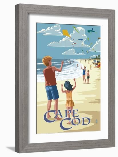 Cape Cod, Massachusetts - Kite Flyers-Lantern Press-Framed Art Print