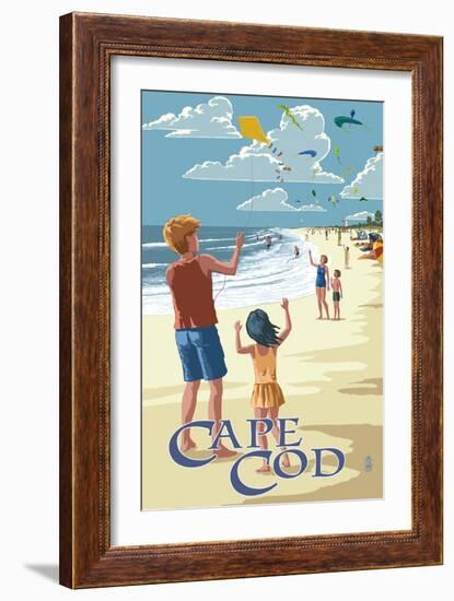 Cape Cod, Massachusetts - Kite Flyers-Lantern Press-Framed Art Print