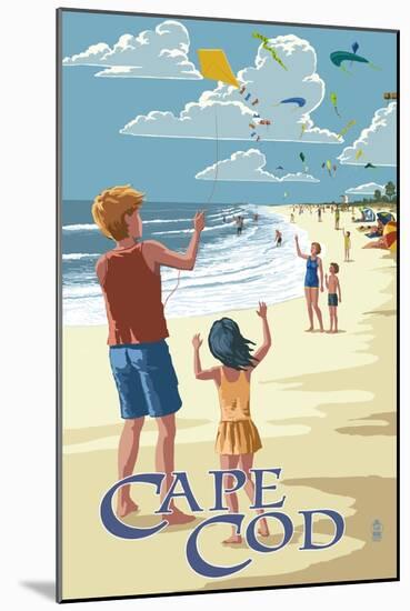 Cape Cod, Massachusetts - Kite Flyers-Lantern Press-Mounted Art Print