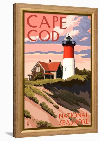 Cape Cod National Seashore - Nauset Light and Sunset-Lantern Press-Framed Stretched Canvas