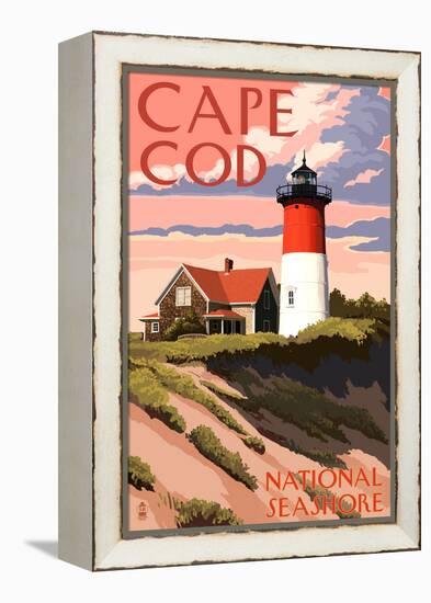 Cape Cod National Seashore - Nauset Light and Sunset-Lantern Press-Framed Stretched Canvas