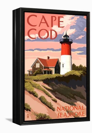 Cape Cod National Seashore - Nauset Light and Sunset-Lantern Press-Framed Stretched Canvas