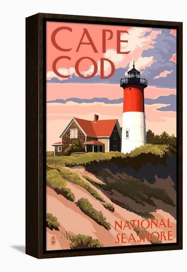 Cape Cod National Seashore - Nauset Light and Sunset-Lantern Press-Framed Stretched Canvas