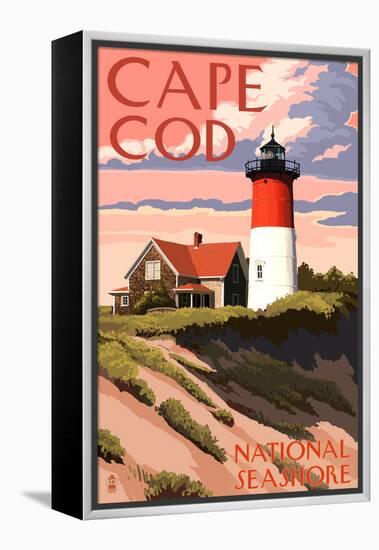 Cape Cod National Seashore - Nauset Light and Sunset-Lantern Press-Framed Stretched Canvas