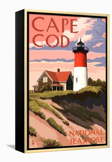 Cape Cod National Seashore - Nauset Light and Sunset-Lantern Press-Framed Stretched Canvas